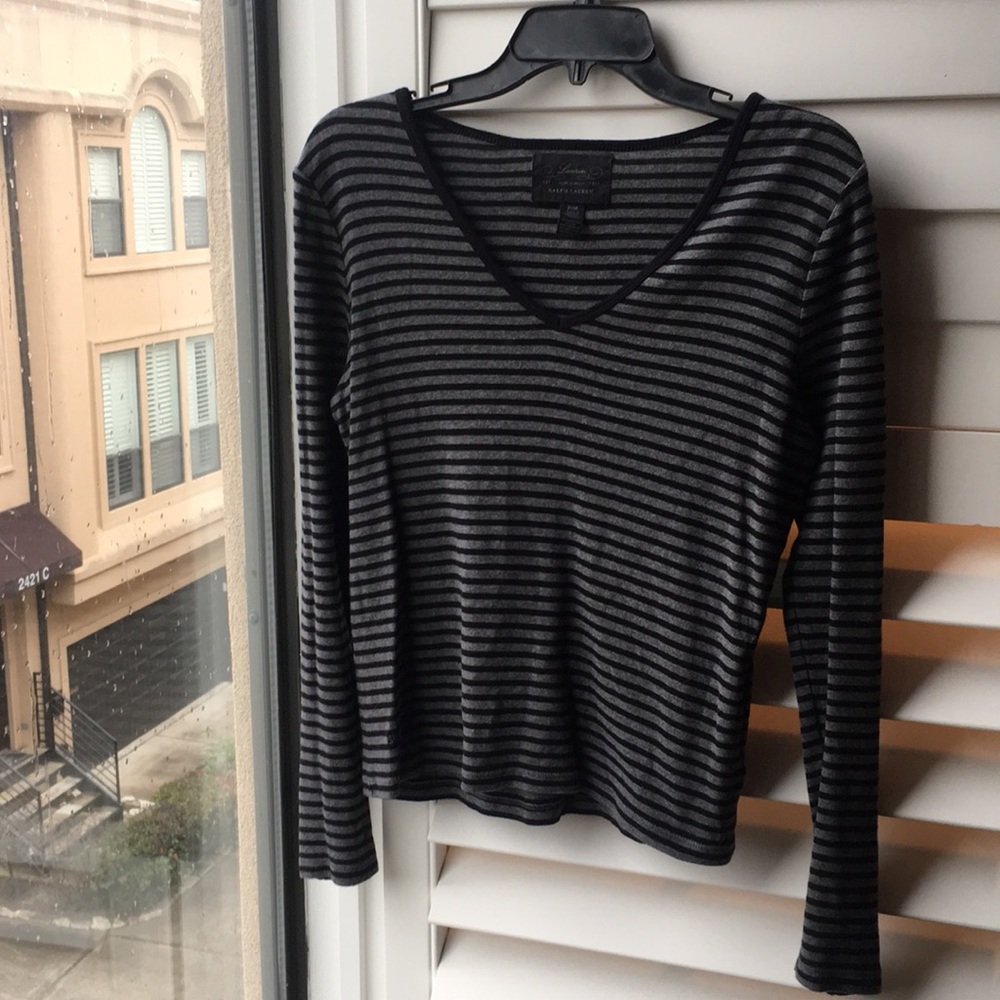 Striped black and gray v neck pullover